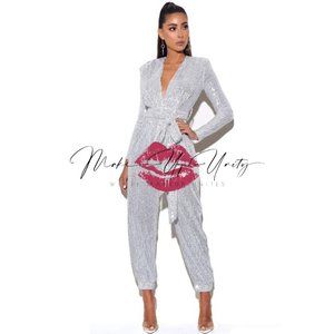 Tasha Silver Sequin Jumpsuit with Waist Tie